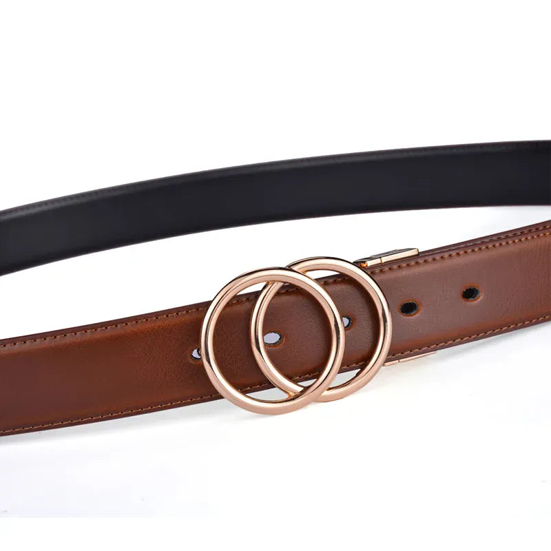 Women Reversible Leather Belt 2 in 1 Rotated 2 Rings Gold Buckle 3.4cm Wide Suitable for Pairing with Various Pants CeinturesCuir