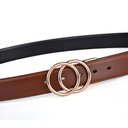 Women Reversible Leather Belt 2 in 1 Rotated 2 Rings Gold Buckle 3.4cm Wide Suitable for Pairing with Various Pants CeinturesCuir