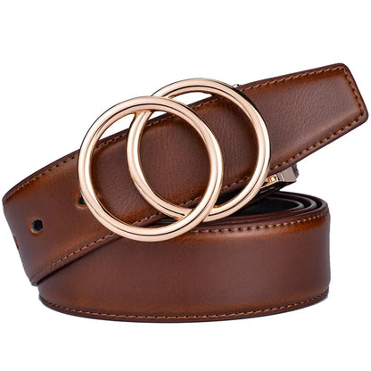 Women Reversible Leather Belt 2 in 1 Rotated 2 Rings Gold Buckle 3.4cm Wide Suitable for Pairing with Various Pants CeinturesCuir