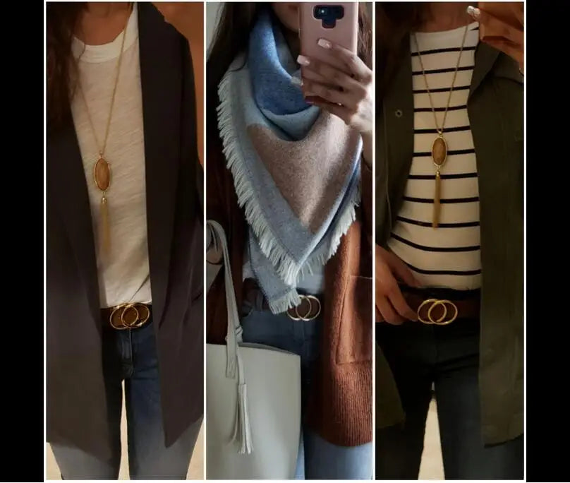 Women Reversible Leather Belt 2 in 1 Rotated 2 Rings Gold Buckle 3.4cm Wide Suitable for Pairing with Various Pants CeinturesCuir