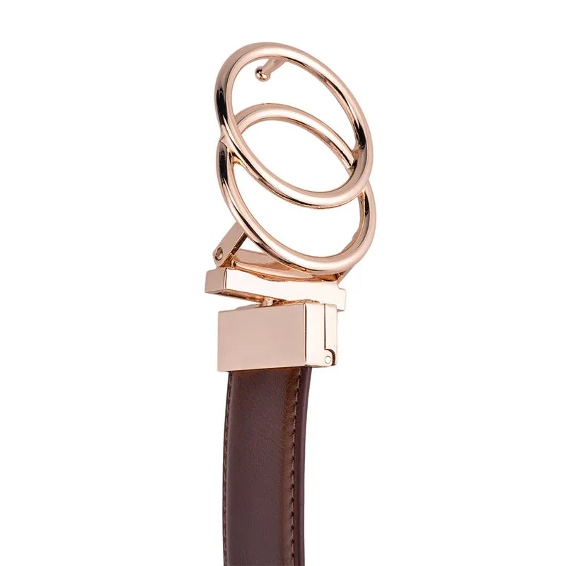 Women Reversible Leather Belt 2 in 1 Rotated 2 Rings Gold Buckle 3.4cm Wide Suitable for Pairing with Various Pants CeinturesCuir