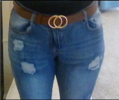 Women Reversible Leather Belt 2 in 1 Rotated 2 Rings Gold Buckle 3.4cm Wide Suitable for Pairing with Various Pants CeinturesCuir