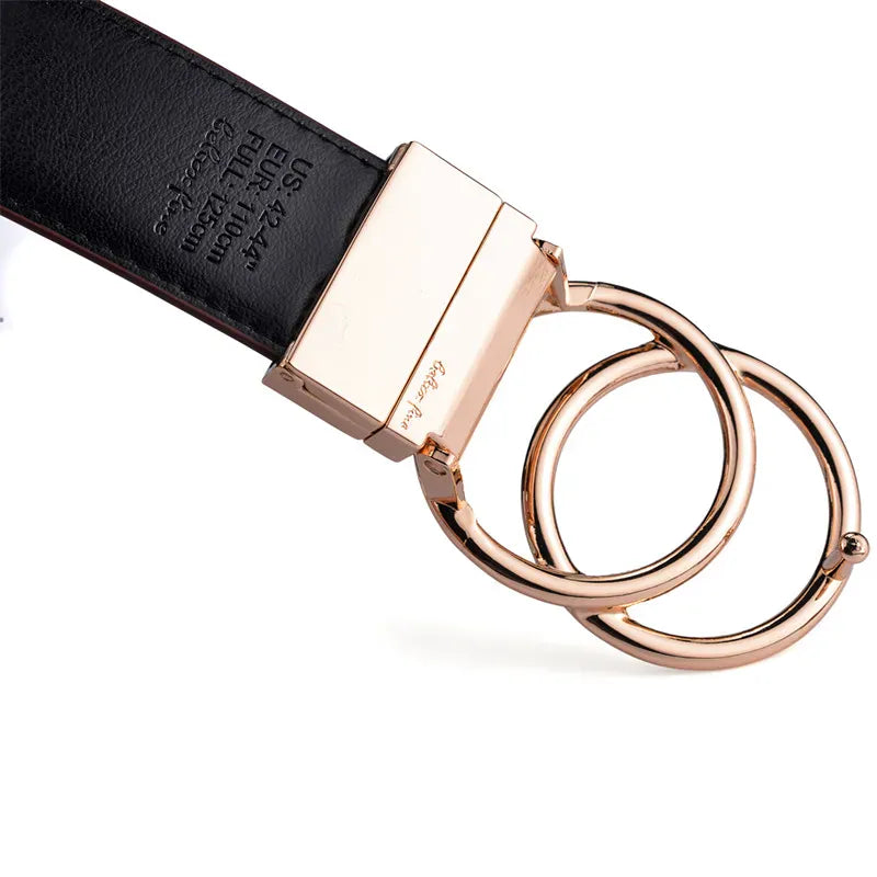 Women Reversible Leather Belt 2 in 1 Rotated 2 Rings Gold Buckle 3.4cm Wide Suitable for Pairing with Various Pants CeinturesCuir