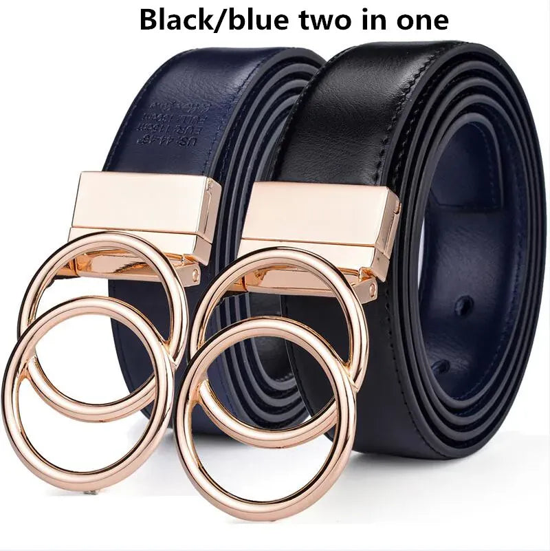 OO-BK blue / 155cm Women Reversible Leather Belt 2 in 1 Rotated 2 Rings Gold Buckle 3.4cm Wide Suitable for Pairing with Various Pants CeinturesCuir