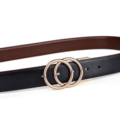 Women Reversible Leather Belt 2 in 1 Rotated 2 Rings Gold Buckle 3.4cm Wide Suitable for Pairing with Various Pants CeinturesCuir
