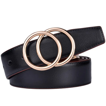 Women Reversible Leather Belt 2 in 1 Rotated 2 Rings Gold Buckle 3.4cm Wide Suitable for Pairing with Various Pants CeinturesCuir