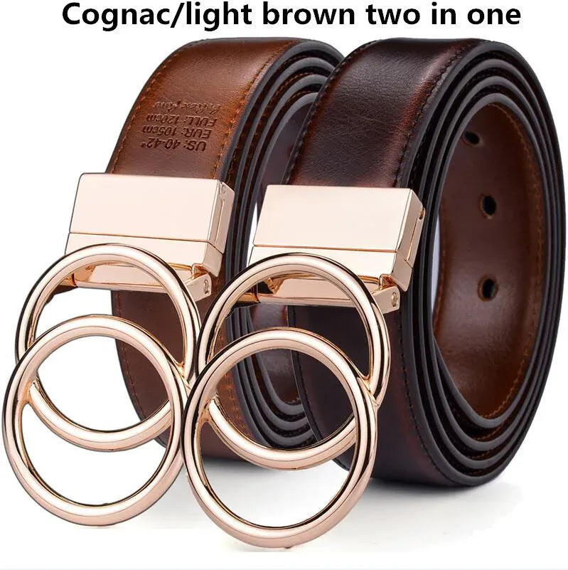 OO-Light Brown Cog / 160cm Women Reversible Leather Belt 2 in 1 Rotated 2 Rings Gold Buckle 3.4cm Wide Suitable for Pairing with Various Pants CeinturesCuir