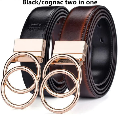 OO-BK Cognac / 100cm Women Reversible Leather Belt 2 in 1 Rotated 2 Rings Gold Buckle 3.4cm Wide Suitable for Pairing with Various Pants CeinturesCuir