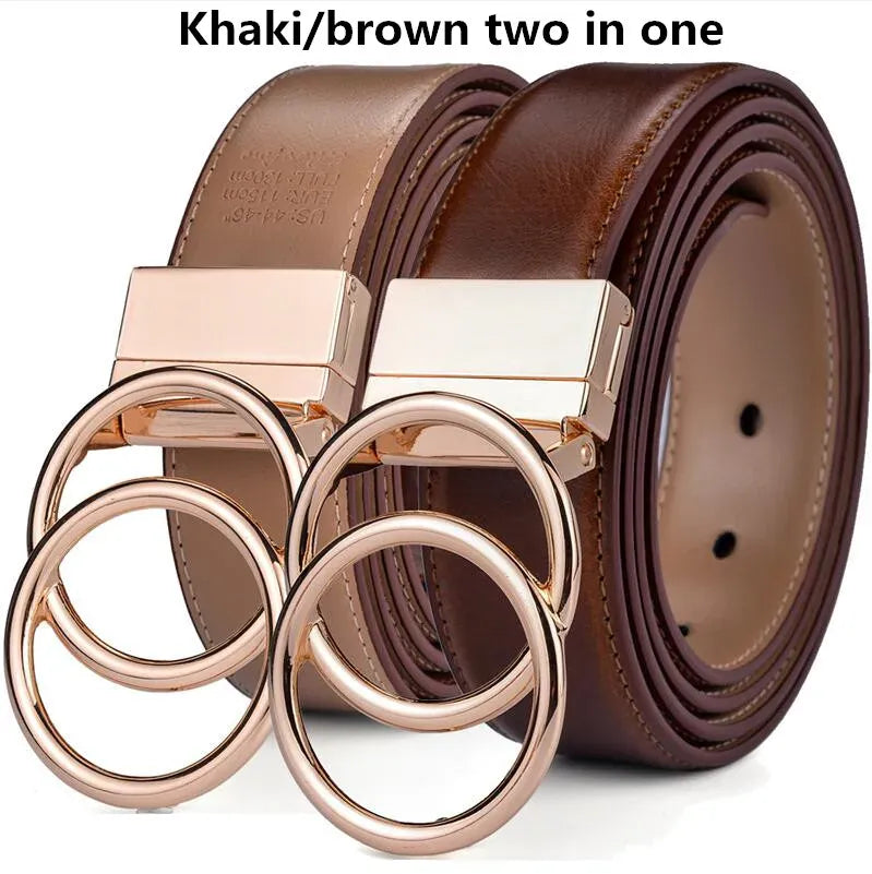 OO-Light Br Khaki / 70cm Women Reversible Leather Belt 2 in 1 Rotated 2 Rings Gold Buckle 3.4cm Wide Suitable for Pairing with Various Pants CeinturesCuir