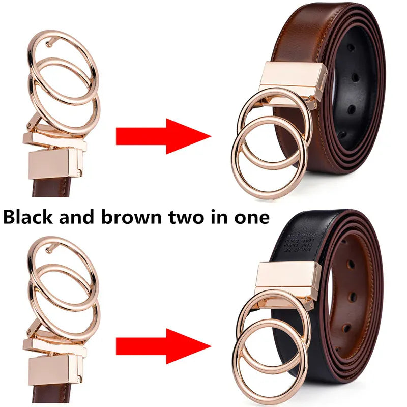 Women Reversible Leather Belt 2 in 1 Rotated 2 Rings Gold Buckle 3.4cm Wide Suitable for Pairing with Various Pants CeinturesCuir