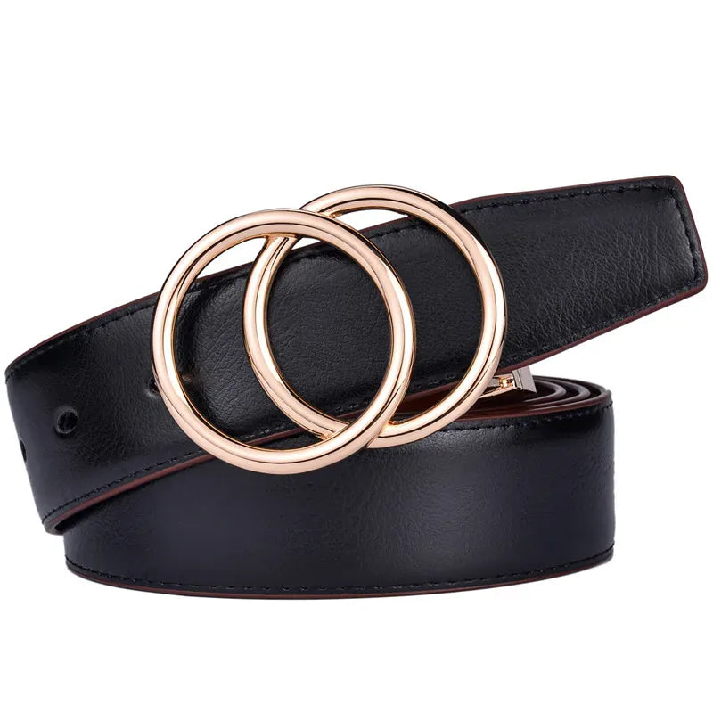 Women Reversible Leather Belt 2 in 1 Rotated 2 Rings Gold Buckle 3.4cm Wide Suitable for Pairing with Various Pants CeinturesCuir