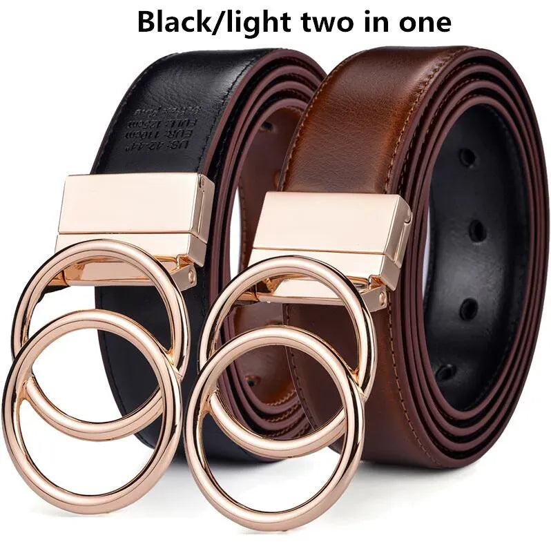 OO-BK Light Br / 135cm Women Reversible Leather Belt 2 in 1 Rotated 2 Rings Gold Buckle 3.4cm Wide Suitable for Pairing with Various Pants CeinturesCuir