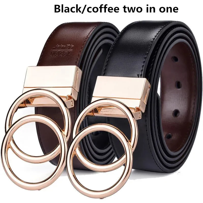 OO-BK Coffee / 160cm Women Reversible Leather Belt 2 in 1 Rotated 2 Rings Gold Buckle 3.4cm Wide Suitable for Pairing with Various Pants CeinturesCuir