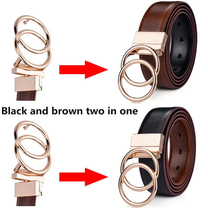 Women Reversible Leather Belt 2 in 1 Rotated 2 Rings Gold Buckle 3.4cm Wide Suitable for Pairing with Various Pants CeinturesCuir