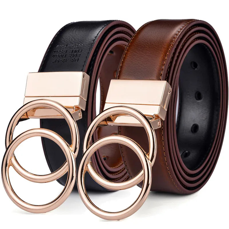 Women Reversible Leather Belt 2 in 1 Rotated 2 Rings Gold Buckle 3.4cm Wide Suitable for Pairing with Various Pants CeinturesCuir