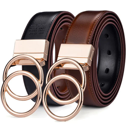 Women Reversible Leather Belt 2 in 1 Rotated 2 Rings Gold Buckle 3.4cm Wide Suitable for Pairing with Various Pants CeinturesCuir