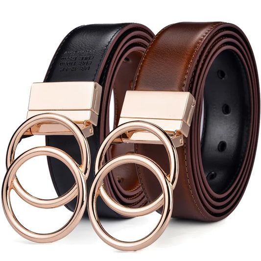 Women Reversible Leather Belt 2 in 1 Rotated 2 Rings Gold Buckle 3.4cm Wide Suitable for Pairing with Various Pants CeinturesCuir