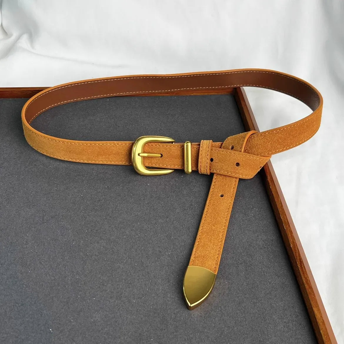 camel / One Size Women's Fashion Faux Suede Genuine Leather Corset Female Cummerbund Coat Waistband Dress Decration Narrow Belt J553 CeinturesCuir