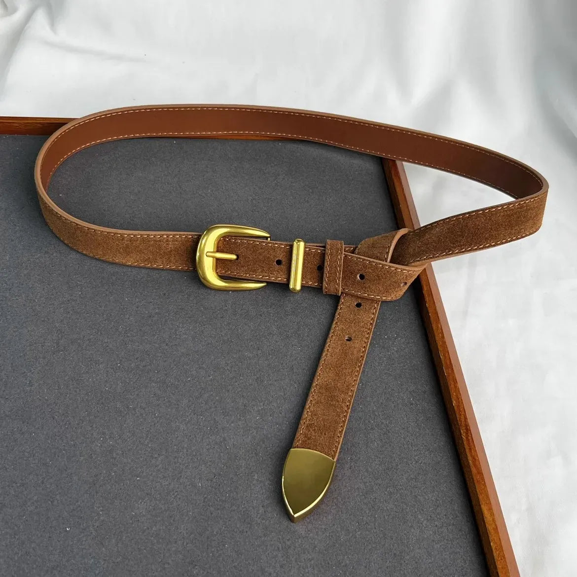 brown / One Size Women's Fashion Faux Suede Genuine Leather Corset Female Cummerbund Coat Waistband Dress Decration Narrow Belt J553 CeinturesCuir
