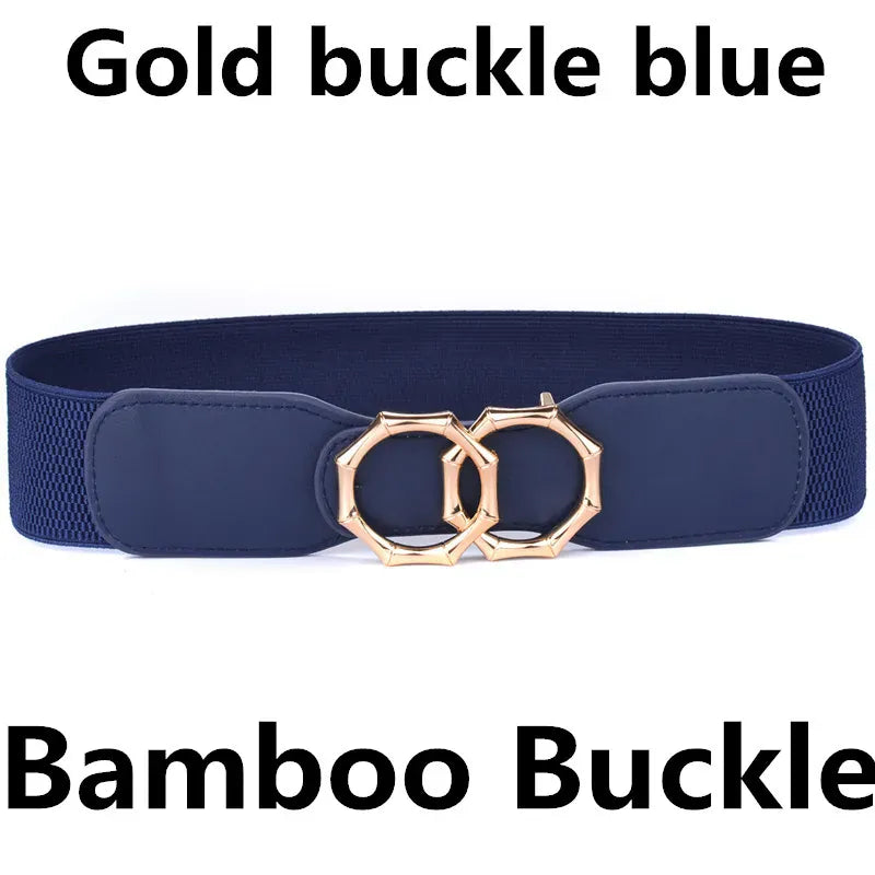 Bamboo-GO-BL / Waist  85-105cm Women's Girdle Elastic Stretch Wide Waist Belts W Double Rings Buckle Cummerbunds Ladies CeinturesCuir