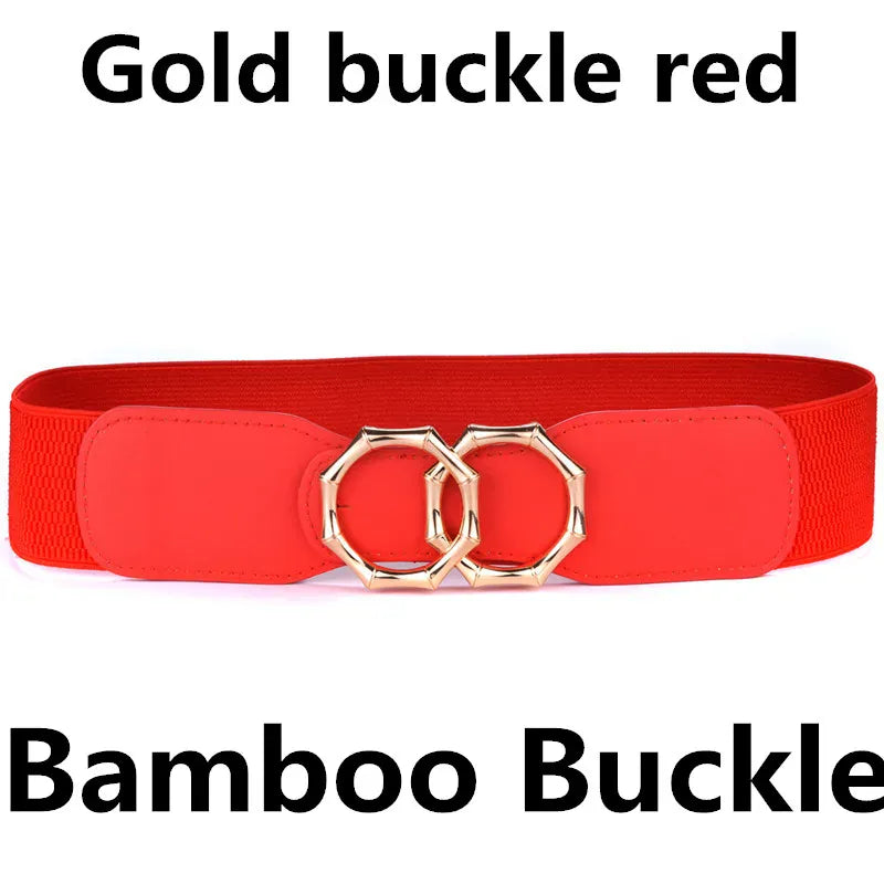 Bamboo-GO-Red / Waist 95-130cm Women's Girdle Elastic Stretch Wide Waist Belts W Double Rings Buckle Cummerbunds Ladies CeinturesCuir