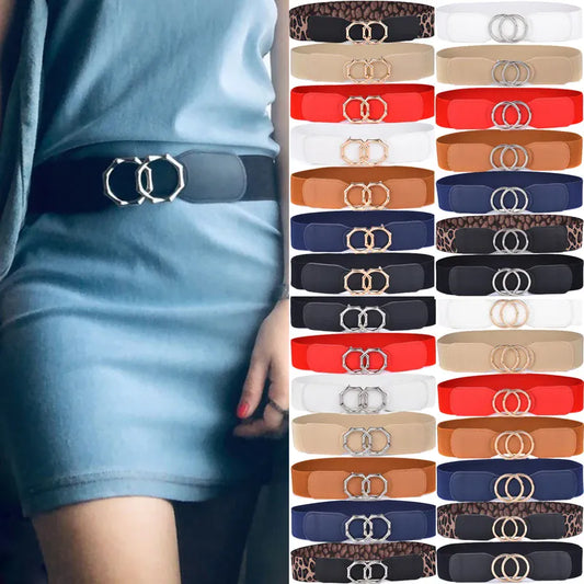 Women's Girdle Elastic Stretch Wide Waist Belts W Double Rings Buckle Cummerbunds Ladies CeinturesCuir