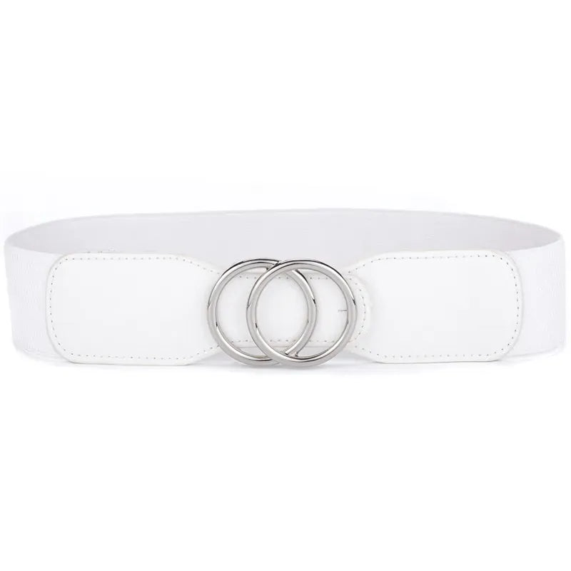 OO-kou-Sliver-white / Waist 70-90cm Women's Girdle Elastic Stretch Wide Waist Belts W Double Rings Buckle Cummerbunds Ladies CeinturesCuir