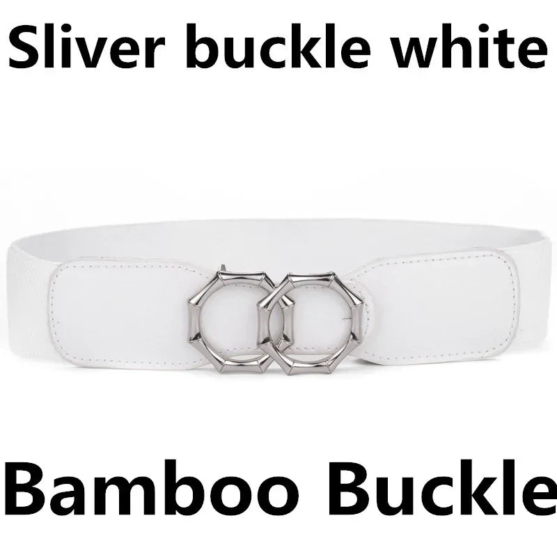 Bamboo-SL-WT / Waist 70-90cm Women's Girdle Elastic Stretch Wide Waist Belts W Double Rings Buckle Cummerbunds Ladies CeinturesCuir