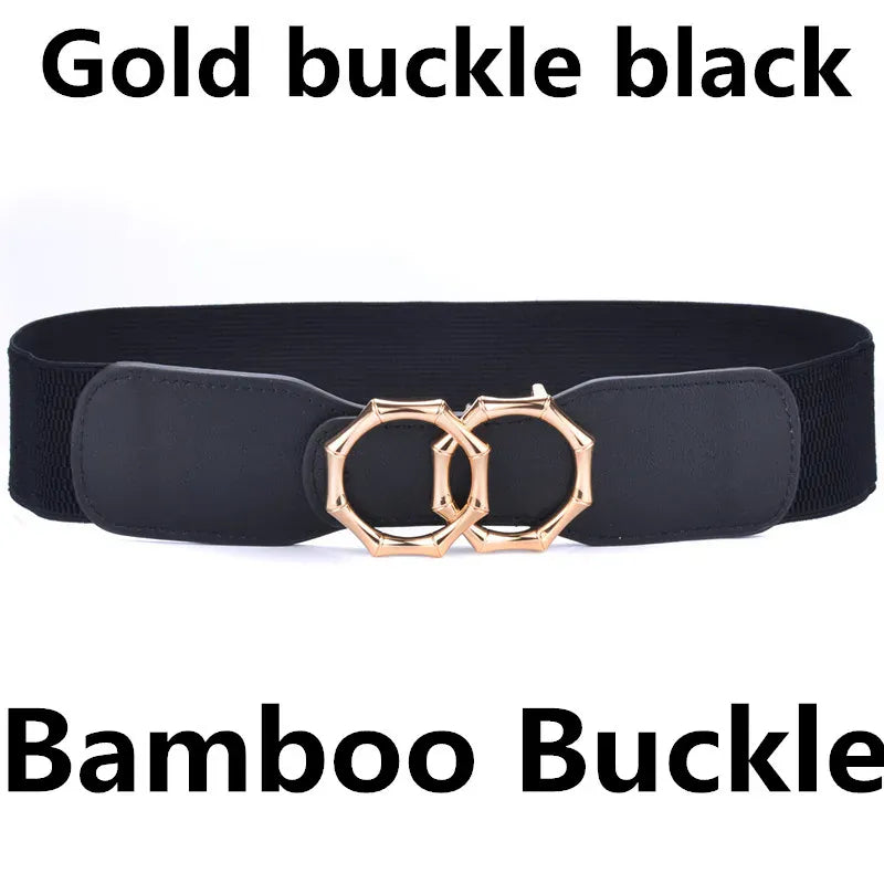 Bamboo-GO-BK / Waist 70-90cm Women's Girdle Elastic Stretch Wide Waist Belts W Double Rings Buckle Cummerbunds Ladies CeinturesCuir