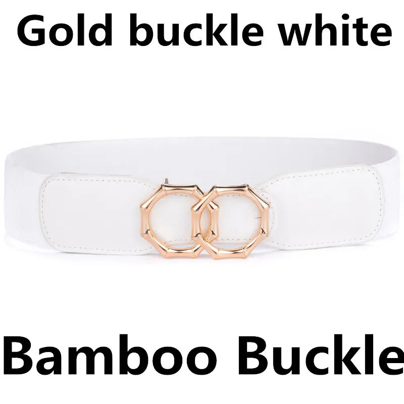 Bamboo-GO-WT / Waist  85-105cm Women's Girdle Elastic Stretch Wide Waist Belts W Double Rings Buckle Cummerbunds Ladies CeinturesCuir