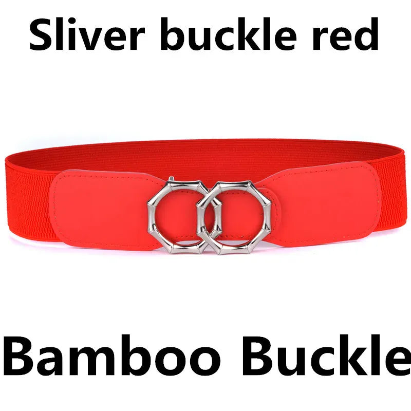 Bamboo-SL-RED / Waist 95-130cm Women's Girdle Elastic Stretch Wide Waist Belts W Double Rings Buckle Cummerbunds Ladies CeinturesCuir