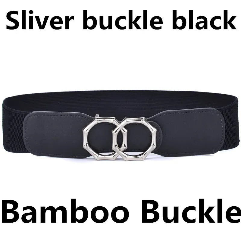 Bamboo-SL-BK / Waist  85-105cm Women's Girdle Elastic Stretch Wide Waist Belts W Double Rings Buckle Cummerbunds Ladies CeinturesCuir