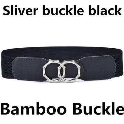 Bamboo-SL-BK / Waist  85-105cm Women's Girdle Elastic Stretch Wide Waist Belts W Double Rings Buckle Cummerbunds Ladies CeinturesCuir