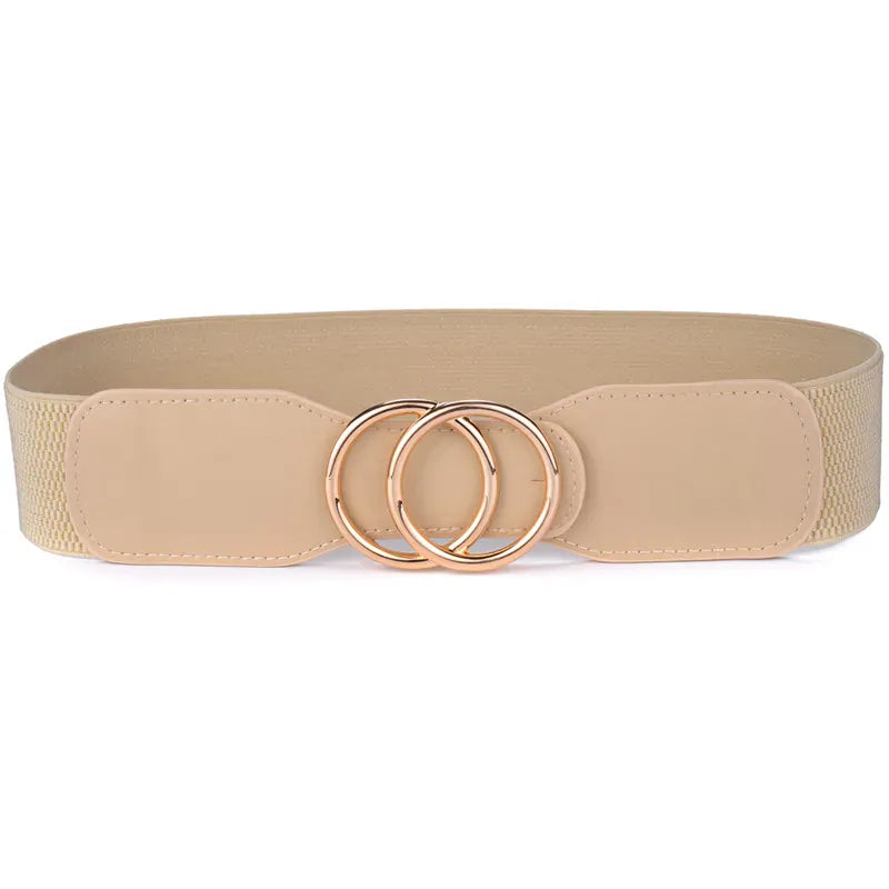 OO-kou-Gold-Khaki / Waist  85-105cm Women's Girdle Elastic Stretch Wide Waist Belts W Double Rings Buckle Cummerbunds Ladies CeinturesCuir