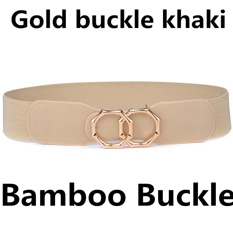 Bamboo-GO-KH / Waist 95-130cm Women's Girdle Elastic Stretch Wide Waist Belts W Double Rings Buckle Cummerbunds Ladies CeinturesCuir