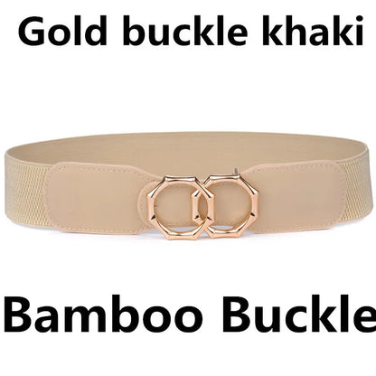 Bamboo-GO-KH / Waist 95-130cm Women's Girdle Elastic Stretch Wide Waist Belts W Double Rings Buckle Cummerbunds Ladies CeinturesCuir