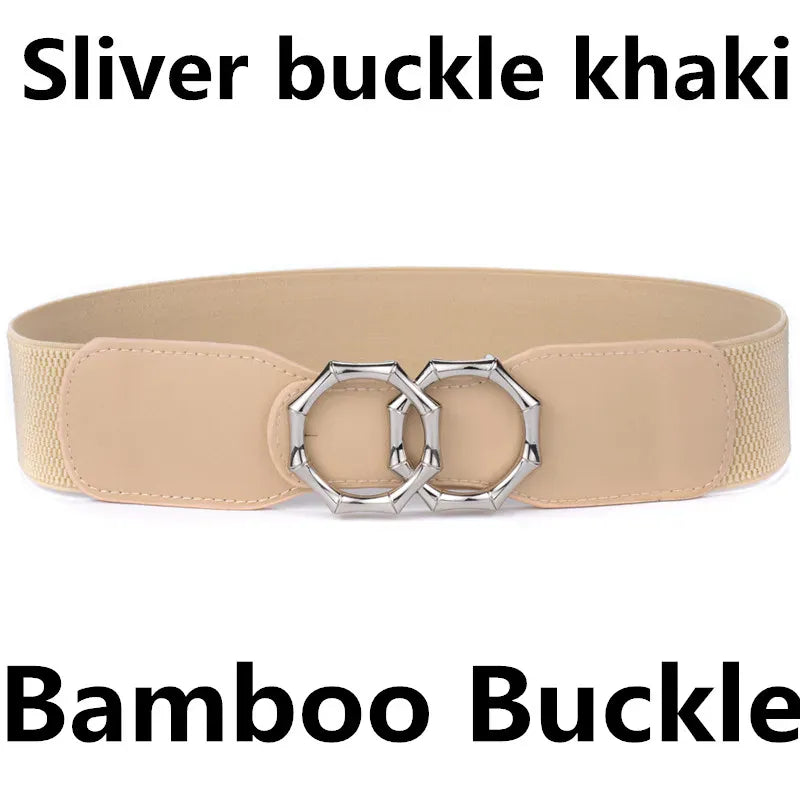 Bamboo-SL-Khaki / Waist  85-105cm Women's Girdle Elastic Stretch Wide Waist Belts W Double Rings Buckle Cummerbunds Ladies CeinturesCuir