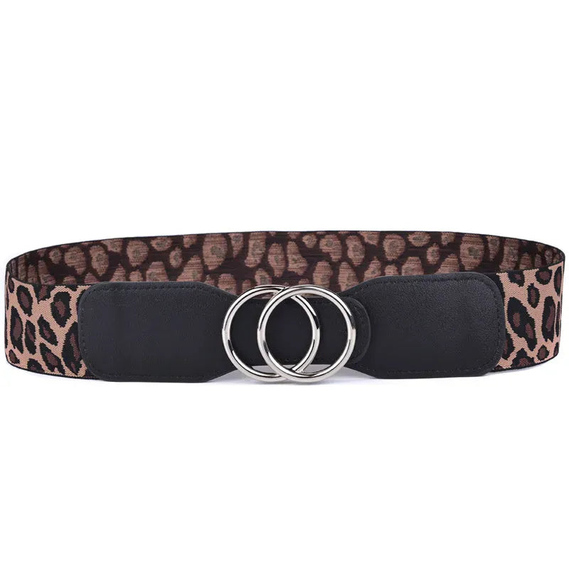 OO-Sliver-leopard / Waist 70-90cm Women's Girdle Elastic Stretch Wide Waist Belts W Double Rings Buckle Cummerbunds Ladies CeinturesCuir