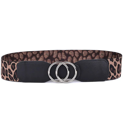 OO-Sliver-leopard / Waist 70-90cm Women's Girdle Elastic Stretch Wide Waist Belts W Double Rings Buckle Cummerbunds Ladies CeinturesCuir