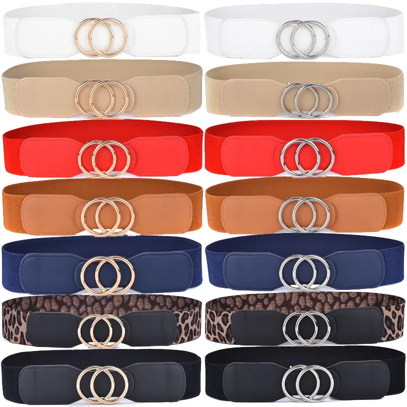 Women's Girdle Elastic Stretch Wide Waist Belts W Double Rings Buckle Cummerbunds Ladies CeinturesCuir