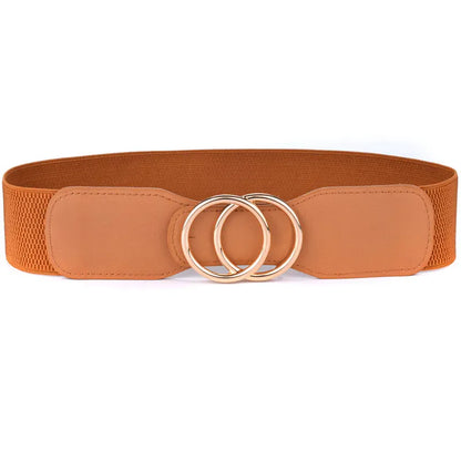OO-kou-Gold-brown / Waist 95-130cm Women's Girdle Elastic Stretch Wide Waist Belts W Double Rings Buckle Cummerbunds Ladies CeinturesCuir