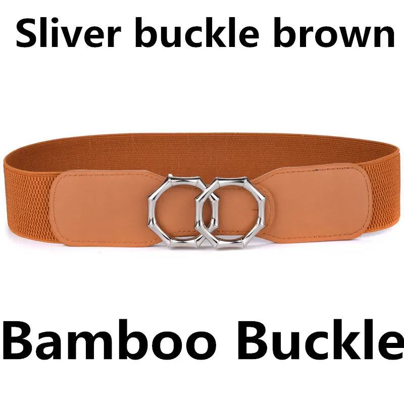Bamboo-SL-BR / Waist 95-130cm Women's Girdle Elastic Stretch Wide Waist Belts W Double Rings Buckle Cummerbunds Ladies CeinturesCuir