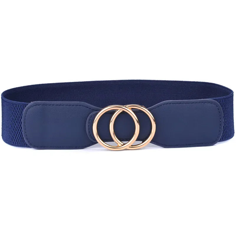 OO-kou-Gold-blue / Waist 70-90cm Women's Girdle Elastic Stretch Wide Waist Belts W Double Rings Buckle Cummerbunds Ladies CeinturesCuir