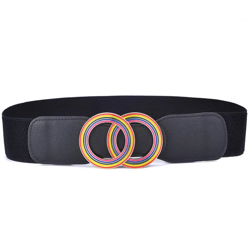 caihong-BK / Waist 70-90cm Women's Girdle Elastic Stretch Wide Waist Belts W Double Rings Buckle Cummerbunds Ladies CeinturesCuir