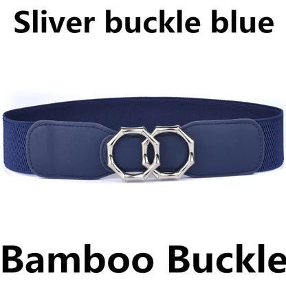 Bamboo-SL-Blue / Waist 95-130cm Women's Girdle Elastic Stretch Wide Waist Belts W Double Rings Buckle Cummerbunds Ladies CeinturesCuir