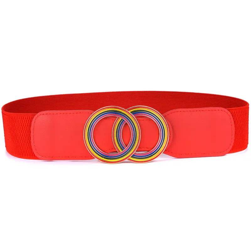 caihong-Red / Waist 95-130cm Women's Girdle Elastic Stretch Wide Waist Belts W Double Rings Buckle Cummerbunds Ladies CeinturesCuir