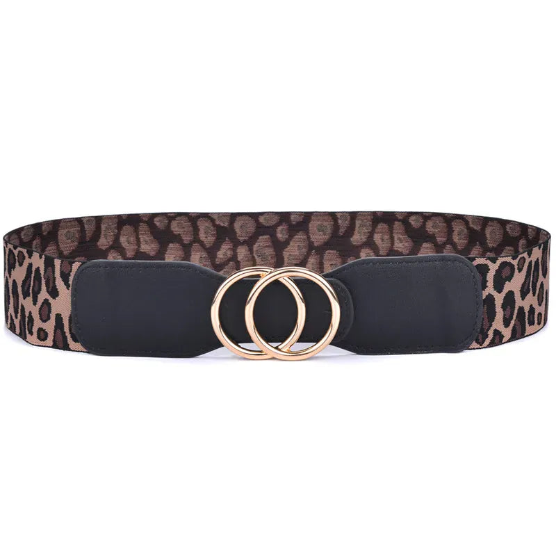 OO-Gold-Leopard / Waist 95-130cm Women's Girdle Elastic Stretch Wide Waist Belts W Double Rings Buckle Cummerbunds Ladies CeinturesCuir