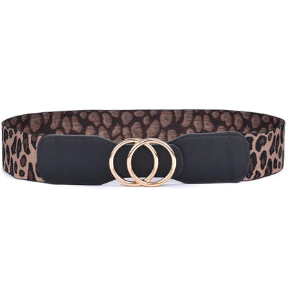OO-Gold-Leopard / Waist 95-130cm Women's Girdle Elastic Stretch Wide Waist Belts W Double Rings Buckle Cummerbunds Ladies CeinturesCuir