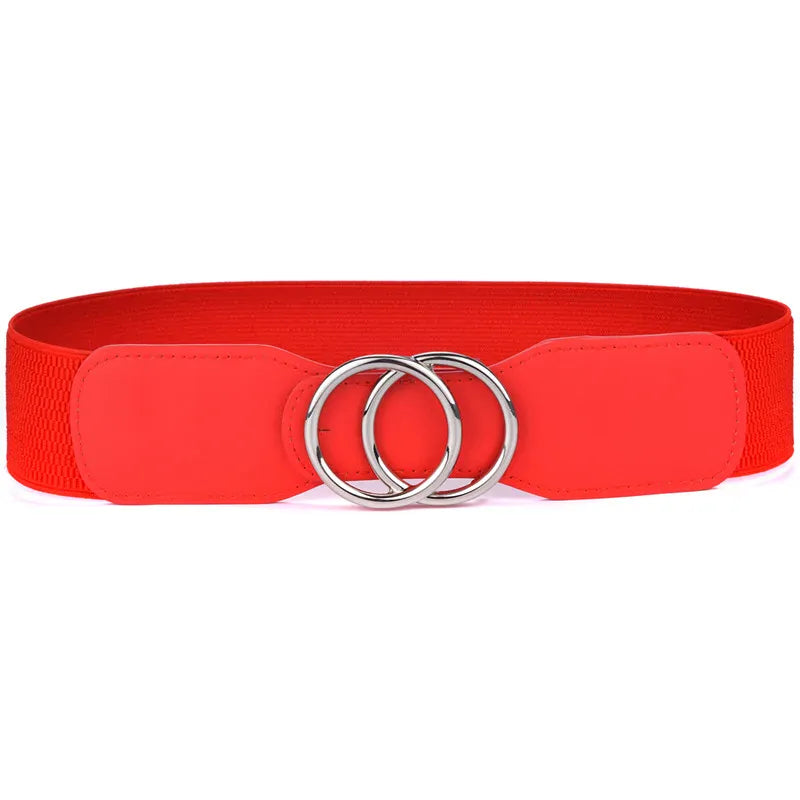OO-kou-Sliver-red / Waist 70-90cm Women's Girdle Elastic Stretch Wide Waist Belts W Double Rings Buckle Cummerbunds Ladies CeinturesCuir
