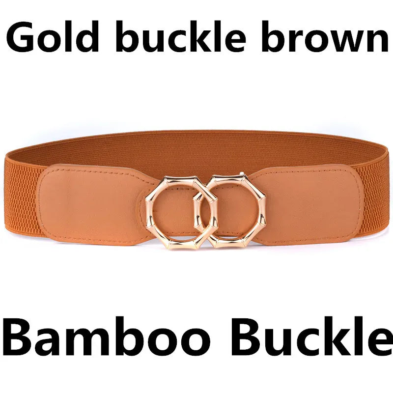 Bamboo-GO-Br / Waist 70-90cm Women's Girdle Elastic Stretch Wide Waist Belts W Double Rings Buckle Cummerbunds Ladies CeinturesCuir